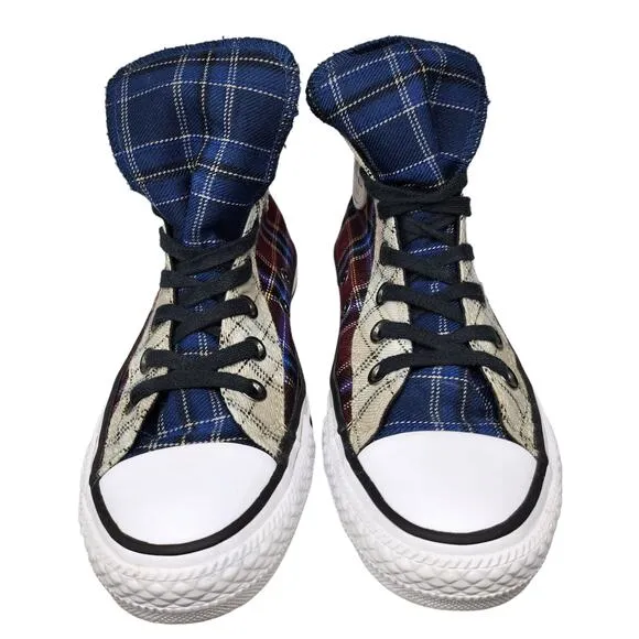 Converse Shoes Womens 6 Plaid Zipper Steampunk Emo High Tops Maroon Blue Punk