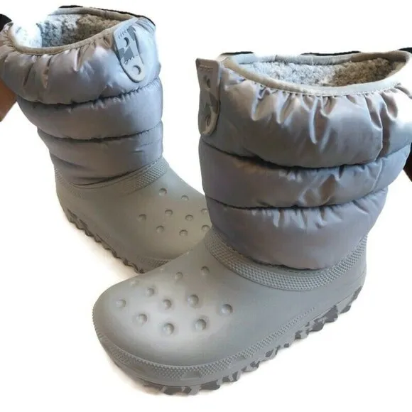 Crocs Classic Lined Neo Puff Slip On Boot K Youth Kids Size J3 Light Gray