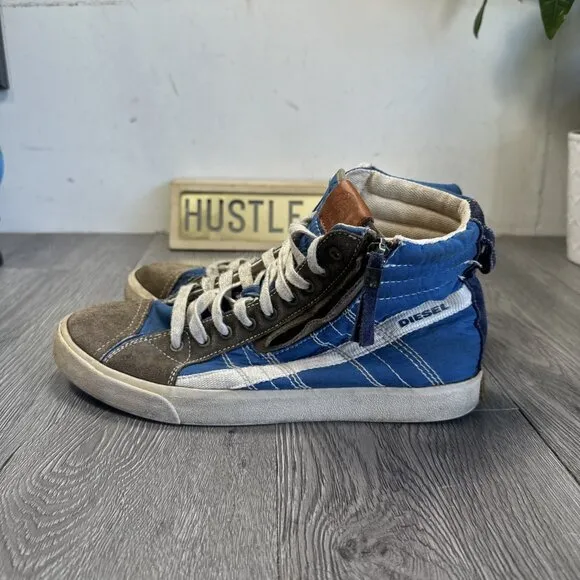 Diesel D-String Plus Shoes Blue Brown Denim Suede High Tops Opium Mens Size 8.5