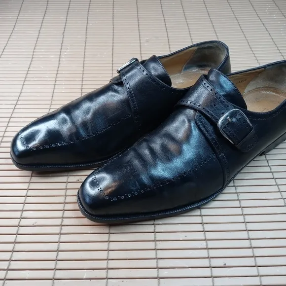 Domani Shoes By Johnston &amp; Murphy Monk Strap Buckle Black Brogue Hand Made Itali