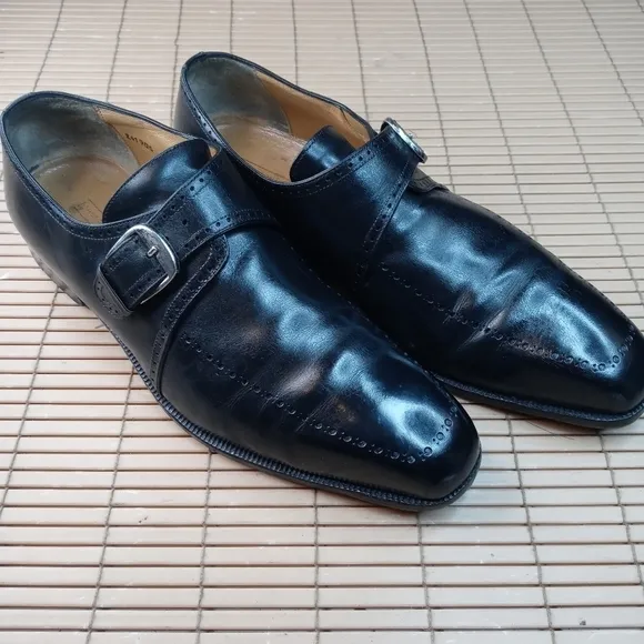 Domani Shoes By Johnston &amp; Murphy Monk Strap Buckle Black Brogue Hand Made Itali