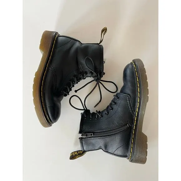 Dr Martens 1460J Classic Black Leather Side Zip Lace Boots  Youth Size 12
