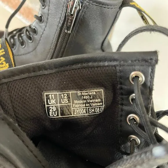 Dr Martens 1460J Classic Black Leather Side Zip Lace Boots  Youth Size 12