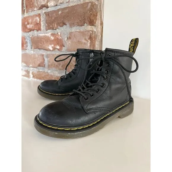 Dr Martens 1460J Classic Black Leather Side Zip Lace Boots  Youth Size 12