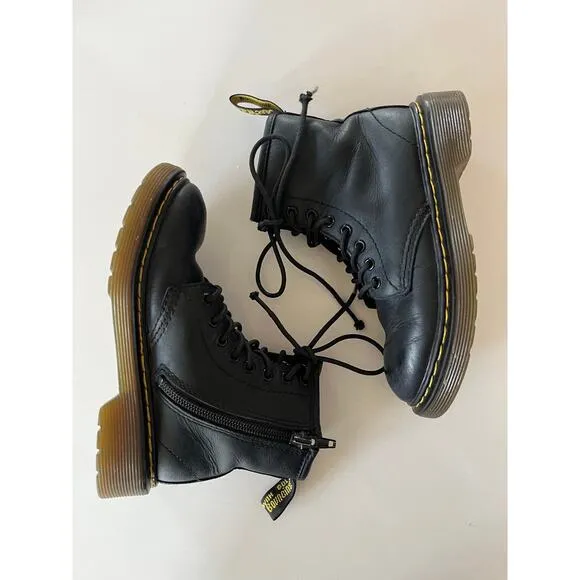 Dr Martens 1460J Classic Black Leather Side Zip Lace Boots  Youth Size 12