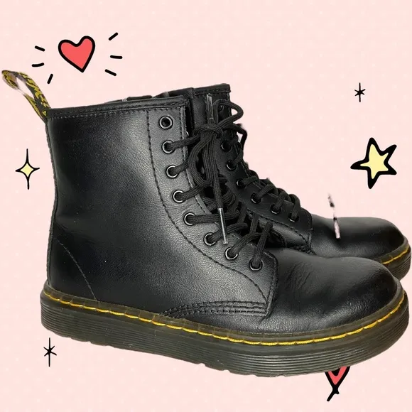 Dr. Martens Zavala J Youth Side Zip Combat Black Leather Boots Size 2