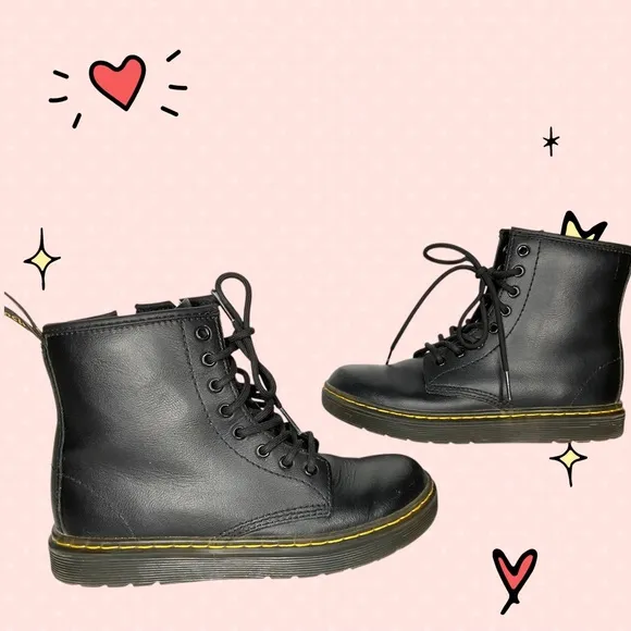 Dr. Martens Zavala J Youth Side Zip Combat Black Leather Boots Size 2