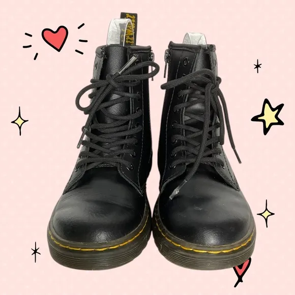 Dr. Martens Zavala J Youth Side Zip Combat Black Leather Boots Size 2