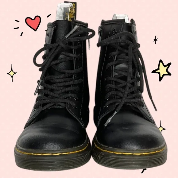 Dr. Martens Zavala J Youth Side Zip Combat Black Leather Boots Size 2