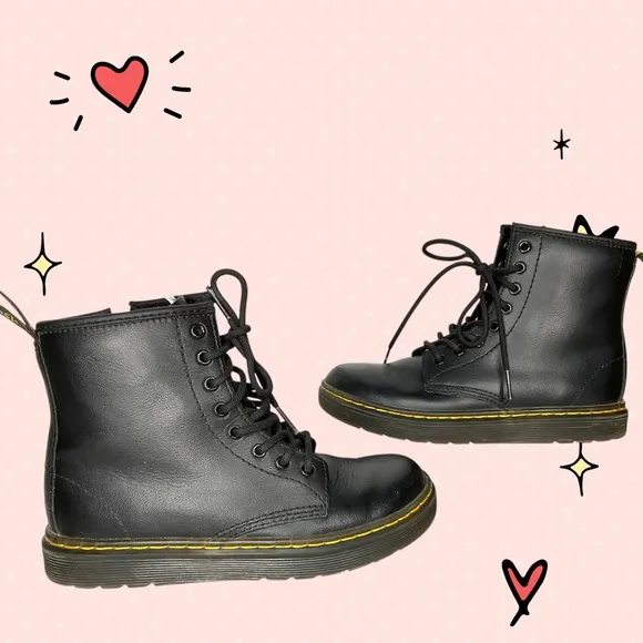 Dr. Martens Zavala J Youth Side Zip Combat Black Leather Boots Size 2