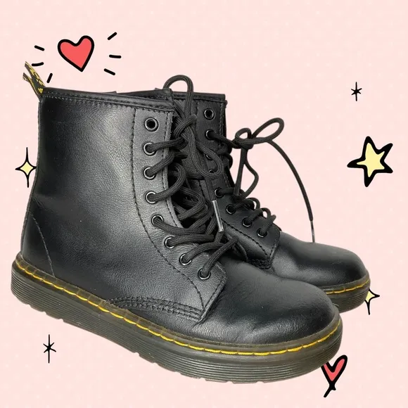 Dr. Martens Zavala J Youth Side Zip Combat Black Leather Boots Size 2