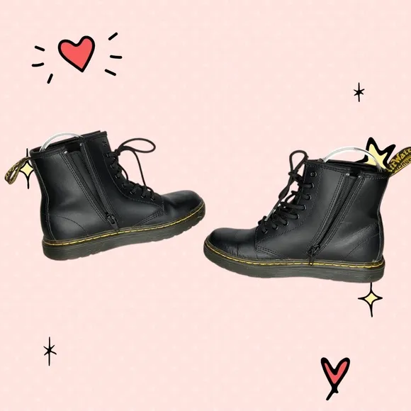 Dr. Martens Zavala J Youth Side Zip Combat Black Leather Boots Size 2