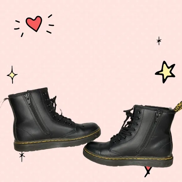 Dr. Martens Zavala J Youth Side Zip Combat Black Leather Boots Size 2