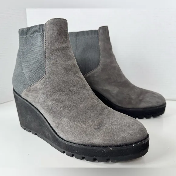 Eileen Fisher Adele Graphite Suede Wedge Booties Ankle Boots Women’s Size 9.5