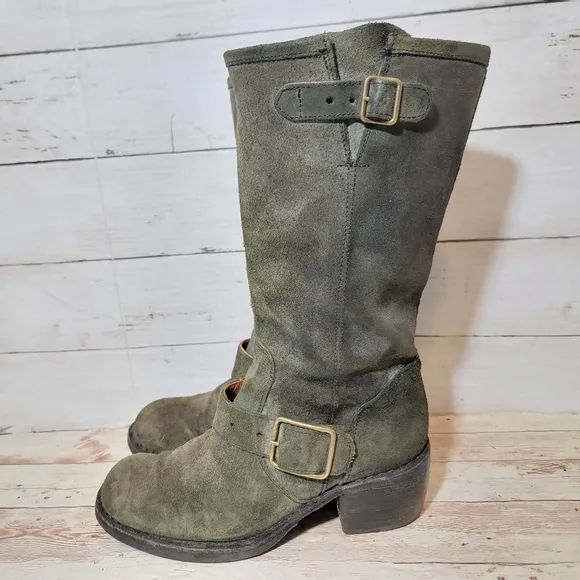 Fiorentini Baker Women Suede Green Strap Ankle Biker Boots Sz 37.5
