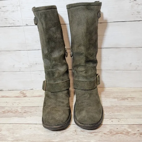 Fiorentini Baker Women Suede Green Strap Ankle Biker Boots Sz 37.5
