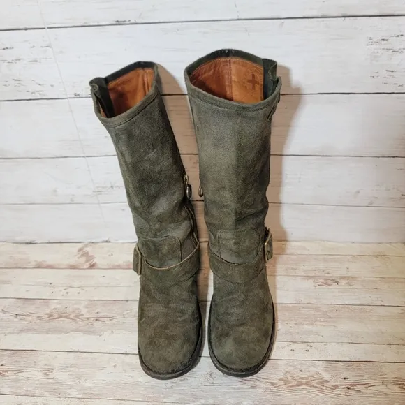 Fiorentini Baker Women Suede Green Strap Ankle Biker Boots Sz 37.5