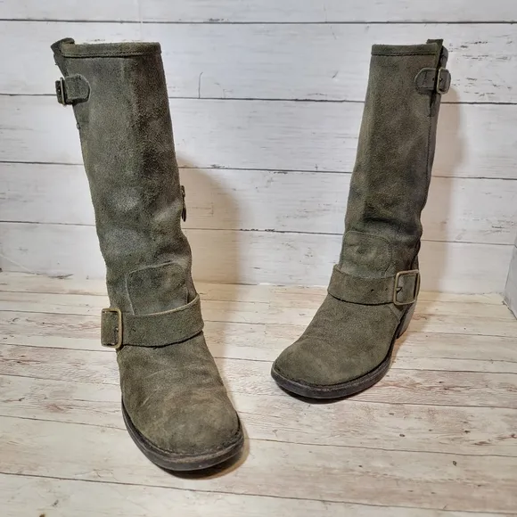 Fiorentini Baker Women Suede Green Strap Ankle Biker Boots Sz 37.5