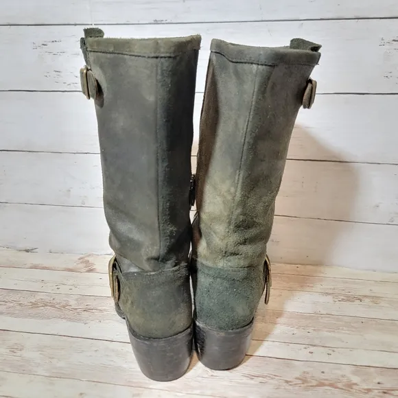 Fiorentini Baker Women Suede Green Strap Ankle Biker Boots Sz 37.5