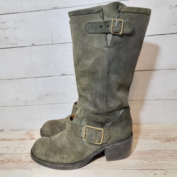 Fiorentini Baker Women Suede Green Strap Ankle Biker Boots Sz 37.5