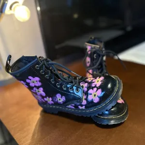Floral Black Boots with Pink and Purple Flowers