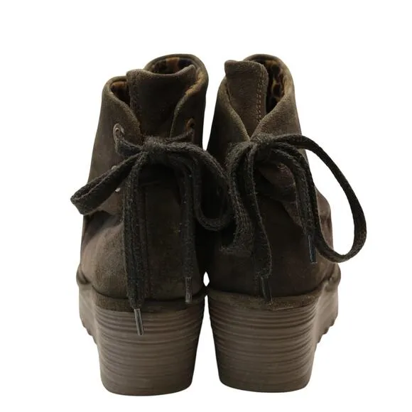 FLY LONDON Yama Suede Ankle Booties Boots Lace Up Brown Fairy Grunge Goth 41/10