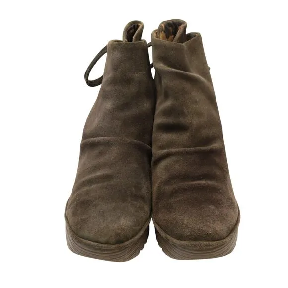 FLY LONDON Yama Suede Ankle Booties Boots Lace Up Brown Fairy Grunge Goth 41/10