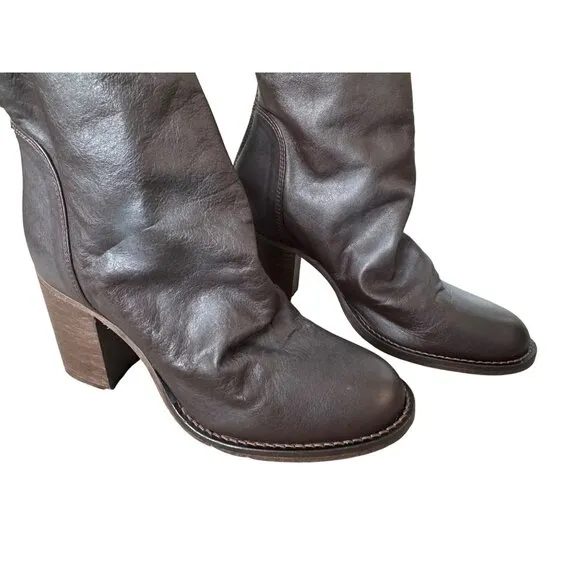 FREE PEOPLE Elle Size 37 Dark Brown Slouchy Block Heel Leather Boots NEW No Box