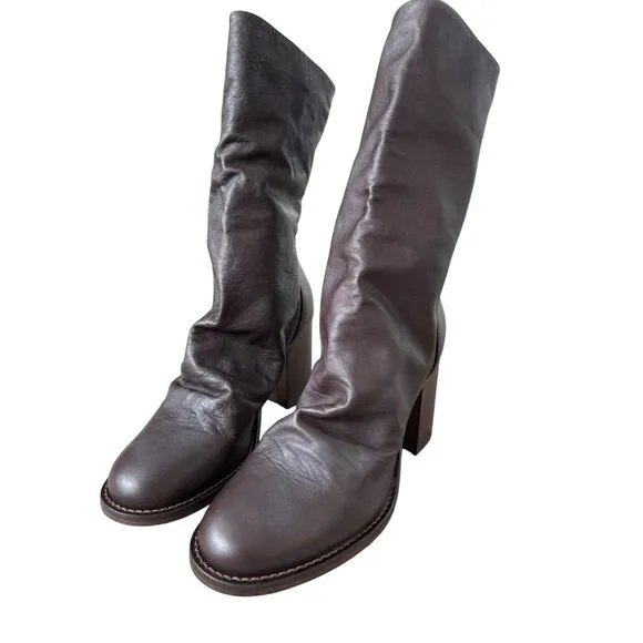 FREE PEOPLE Elle Size 37 Dark Brown Slouchy Block Heel Leather Boots NEW No Box