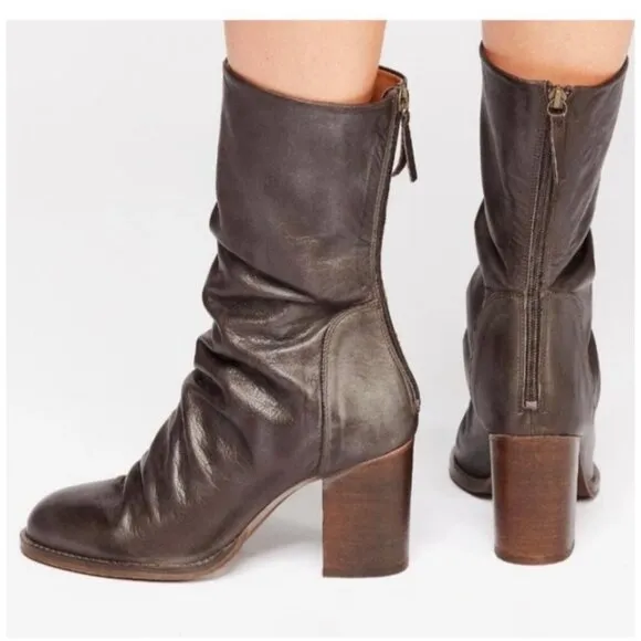 FREE PEOPLE Elle Size 37 Dark Brown Slouchy Block Heel Leather Boots NEW No Box