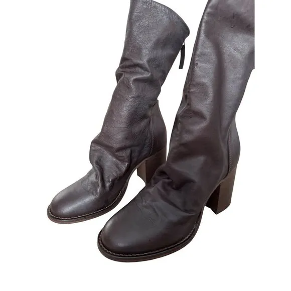 FREE PEOPLE Elle Size 37 Dark Brown Slouchy Block Heel Leather Boots NEW No Box
