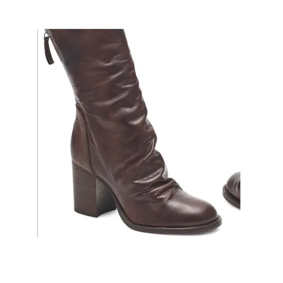 FREE PEOPLE Elle Size 37 Dark Brown Slouchy Block Heel Leather Boots NEW No Box