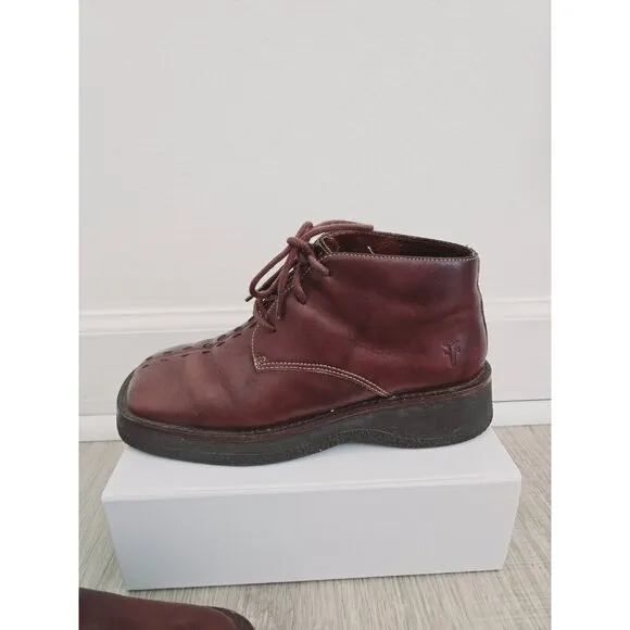 Frye Hobart Lace Up Embroidery Vintage Brown Leather Square Toe Boots Shoes 6.5