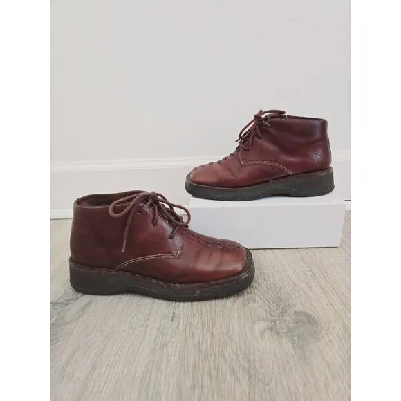 Frye Hobart Lace Up Embroidery Vintage Brown Leather Square Toe Boots Shoes 6.5