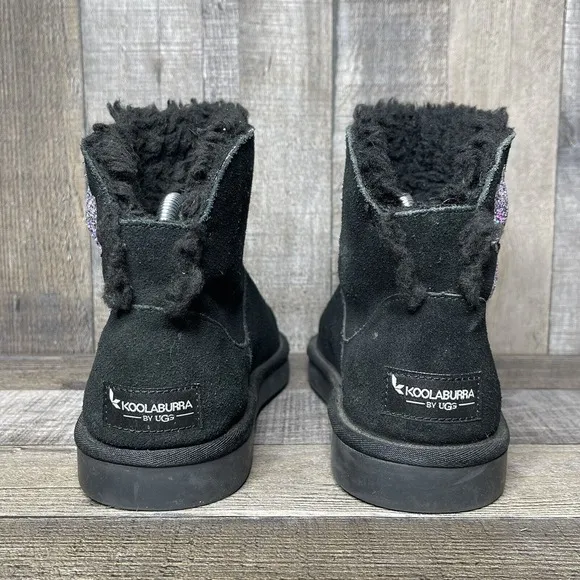 Girls Ugg Koolaburra Black Sheepskin Suede Glitter Stars Mini Boots Size 4 Y GUC