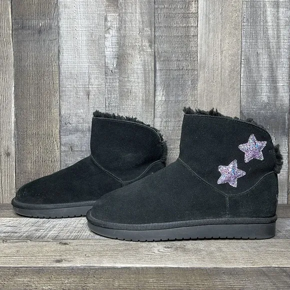 Girls Ugg Koolaburra Black Sheepskin Suede Glitter Stars Mini Boots Size 4 Y GUC