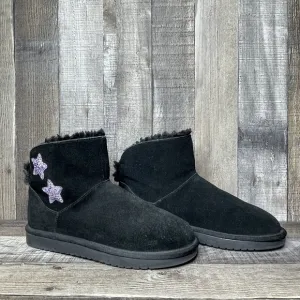 Girls Ugg Koolaburra Black Sheepskin Suede Glitter Stars Mini Boots Size 4 Y GUC