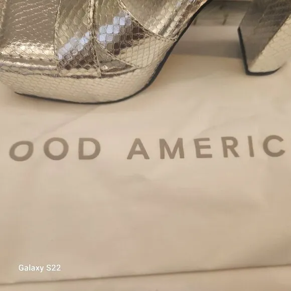 Good American Snake Silver Leather Platform Heels. NIB. Size: Various.