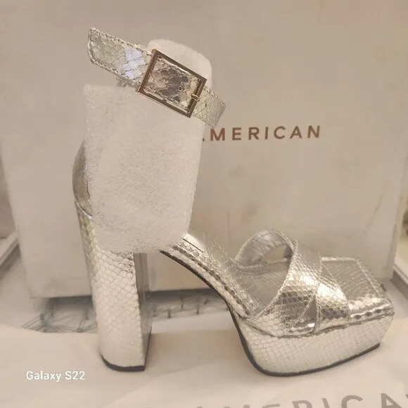Good American Snake Silver Leather Platform Heels. NIB. Size: Various.