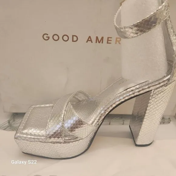 Good American Snake Silver Leather Platform Heels. NIB. Size: Various.