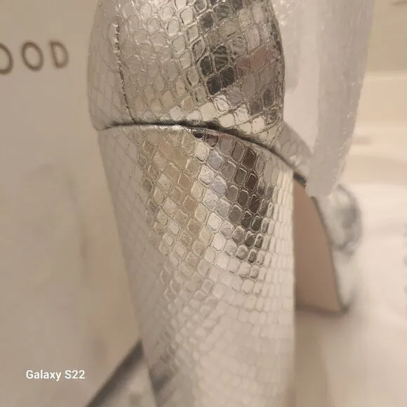 Good American Snake Silver Leather Platform Heels. NIB. Size: Various.
