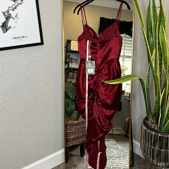 House of CB 'Nera' Wine Satin Draped Corset Dress NWOT