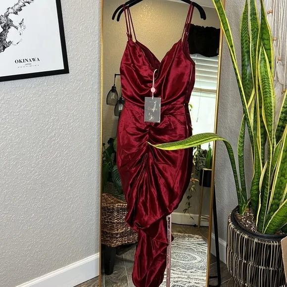 House of CB 'Nera' Wine Satin Draped Corset Dress NWOT