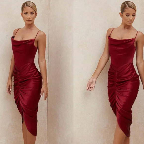 House of CB 'Nera' Wine Satin Draped Corset Dress NWOT