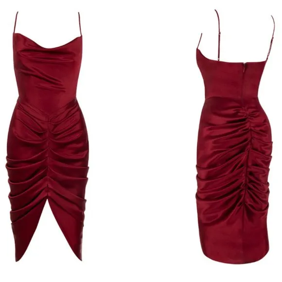 House of CB 'Nera' Wine Satin Draped Corset Dress NWOT