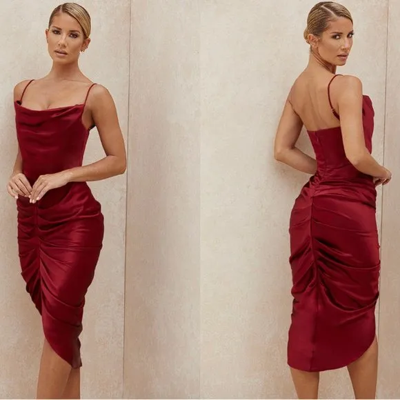 House of CB 'Nera' Wine Satin Draped Corset Dress NWOT