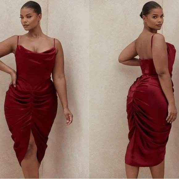 House of CB 'Nera' Wine Satin Draped Corset Dress NWOT