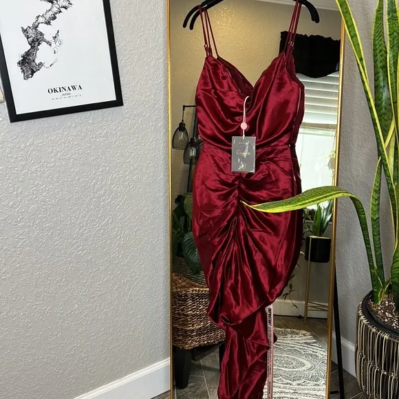 House of CB 'Nera' Wine Satin Draped Corset Dress NWOT