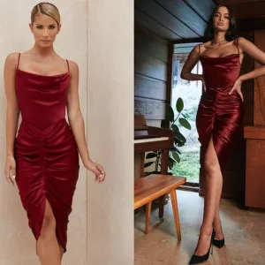 House of CB 'Nera' Wine Satin Draped Corset Dress NWOT