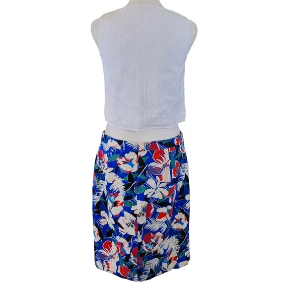 J Crew Basketweave Pencil Skirt Bright Blue Tropical Print Cotton Skirt Size 8